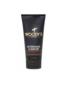 Front view of Woody's Aftershave Comfort squeeze tube container printed with brand markings and product details