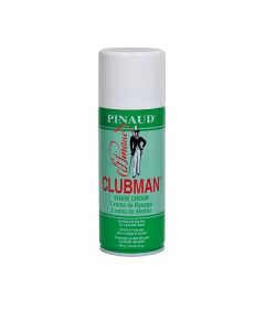 Front view of a 12 ounce pressurized foaming cannister of Clubman Shave Cream with white cap
