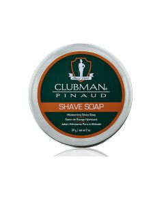 Top view of a  capped 2 ounce tub of Clubman Shave Soap featuring its label