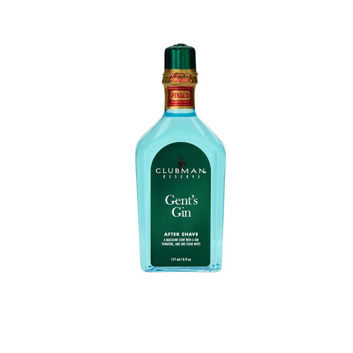 Clear 6 ounce bottle of Clubman Reserve Gent's Gin After Shave Lotion showing its turquoise-colored liquid contents