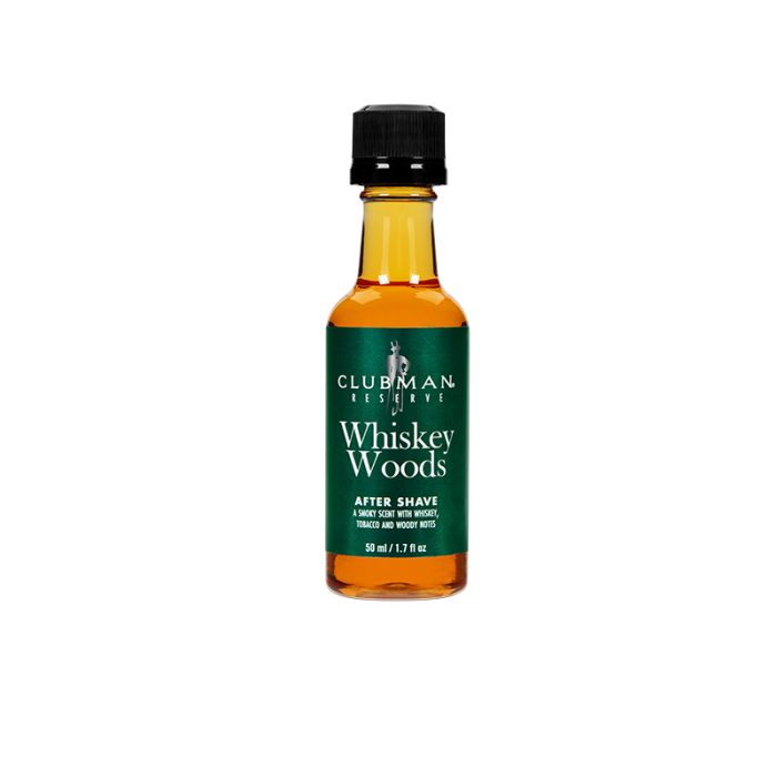 A 1.7-ounce travel-sized bottle of Clubman Reserve Whiskey Woods After Shave Lotion