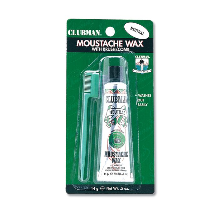 Clubman Moustache Wax Neutral in retail wall hook packaging featuring squeeze tube wax container & moustache comb & brush