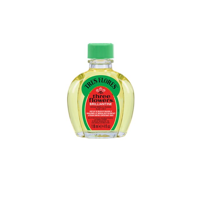 A 4-ounce bottle of Tres Flores Brilliantine Liquid with its green cap & green, red, black & white themed label