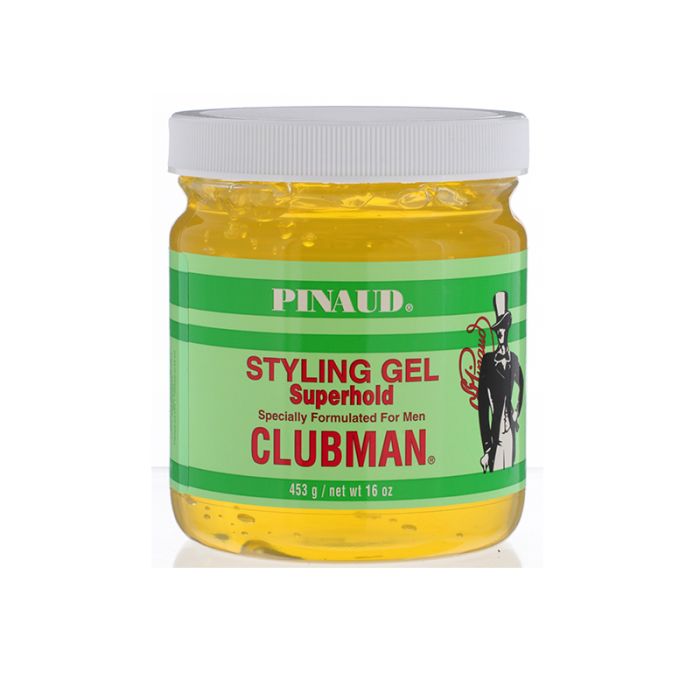Front view of a clear 16 ounce tub of Clubman Pinaud Superhold Styling Gel showing its yellow hair gel contents