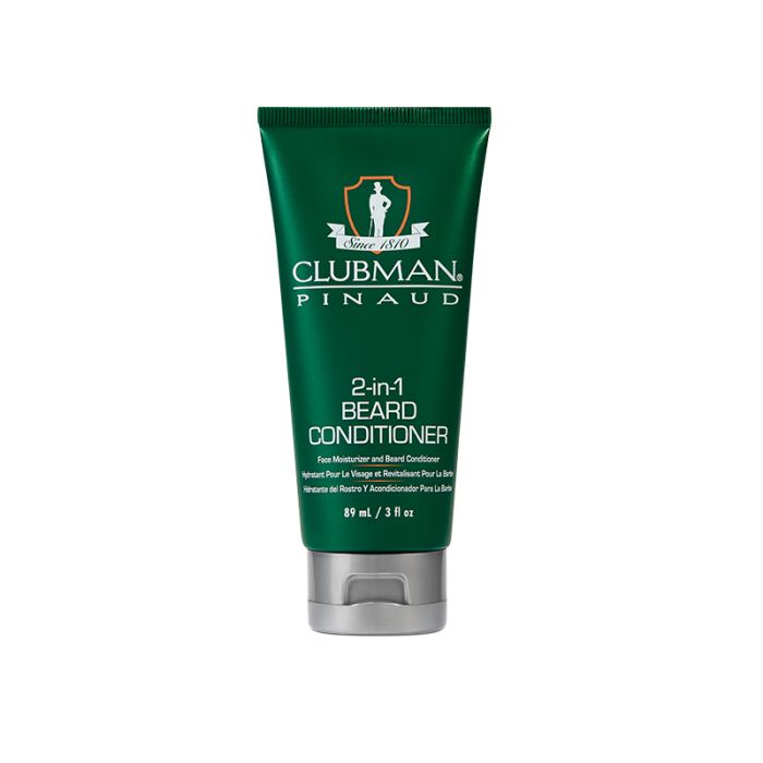 Front view of a green 3 ounce squeeze container of Clubman 2-in-1 Beard Conditioner with product logo & information
