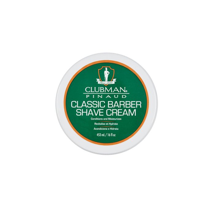 Top view of a 16 ounce tub of Clubman Classic Barber Shave Cream displaying its label 