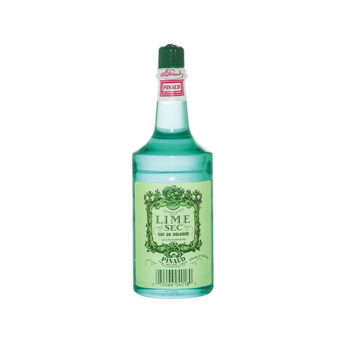 Front view of a clear 12.5-ounce bottle of Clubman Pinaud Lime Sec Eau de Cologne showing its turquoise liquid contents