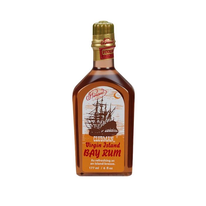 Front view of a 6-ounce bottle of Clubman Pinaud Bay Rum After Shave lotion featuring nautical themed label