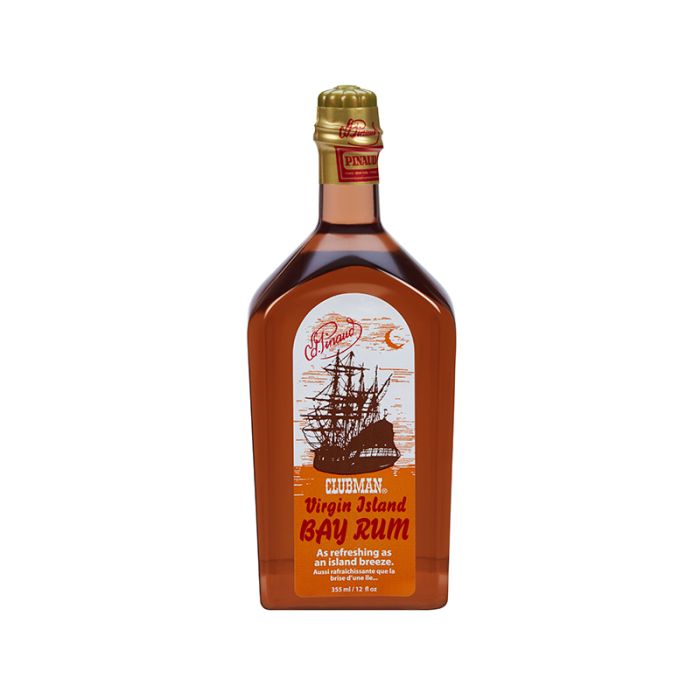 Front view of a 12 ounce bottle of Clubman Pinaud Bay Rum After Shave lotion featuring nautical  themed  label