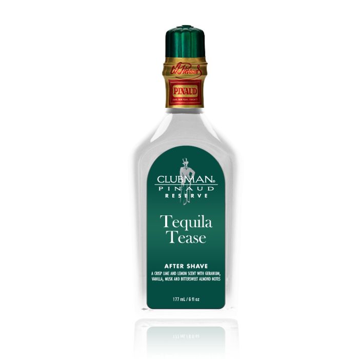 Front view of a 6-ounce bottle of Clubman Reserve Tequila Tease After Shave Lotion showing its crystal clear liquid contents