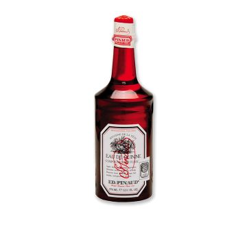Front of a 12.5 ounce bottle of Clubman Eau de Quinine Hair Tonic featuring a classic themed label & sealed red twist cap