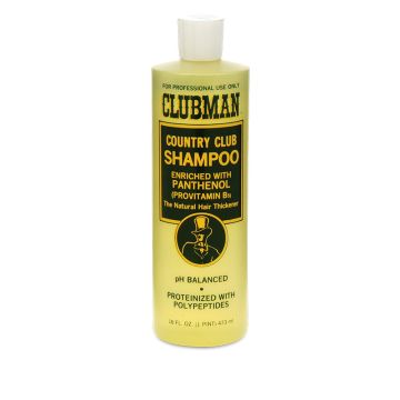 A 16 ounce bottle of Clubman Country Club Shampoo facing forward with product name & information printed on