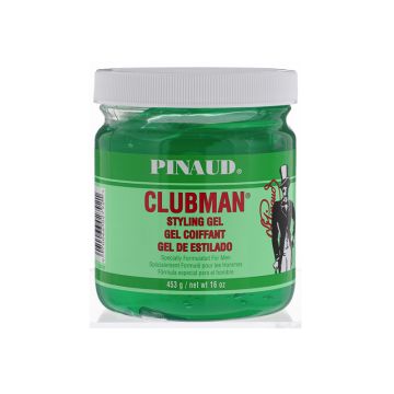 Front view of a 16 ounce tub of Clubman Pinaud Styling Gel showing green themed label with product name in 3 languages