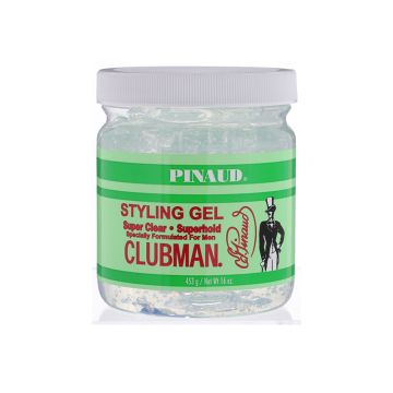 Front view of a transparent labelled 16 ounce tub containing Clubman Pinaud Superhold Styling Gel Clear
