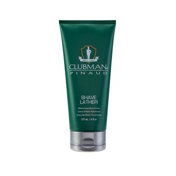 Front view of a green 6 ounce Clubman Shave Lather squeeze tube with a silver flip top cap 