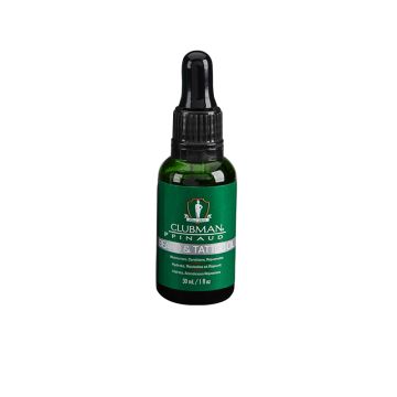 Front view of a green 1 ounce bottle of Clubman Pinaud Beard & Tattoo Oil with dropper cap
