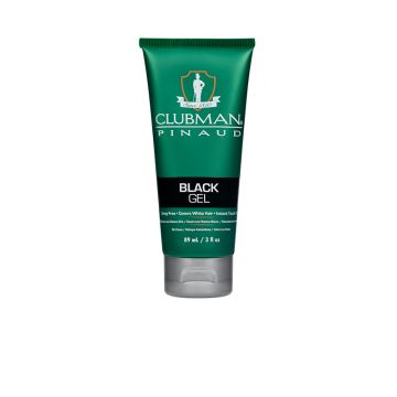 Front view of a green 3 ounce squeeze tube container of Clubman Black Gel featuring product name & description