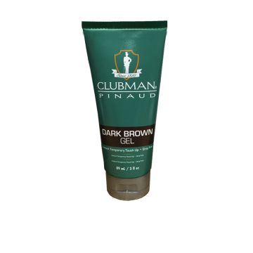 A green 3 ounce squeeze container of Clubman Temporary Hair Color Gel Dark Brown with a silver flip top cap