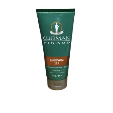 Front view of a branded green 3 ounce container of Clubman Temporary Hair Color Gel Brown