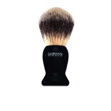 Front view of Clubman Shave Brush featuring branded black handle & synthetic brown & black brush fibers