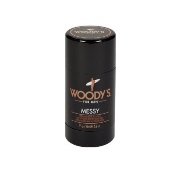 Capped Woody's messy styling stick for hair with label text in three different languages